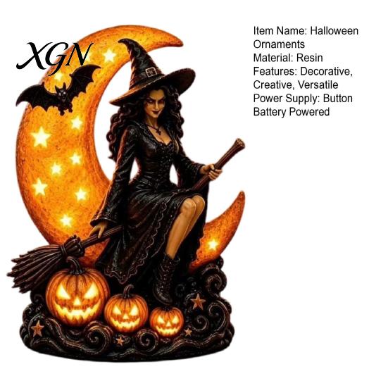 Dark Aesthetic Room Decor Halloween Witch on Crescent Moon Decorative Light, Gothic Detailed Fantasy Figurines Lamp, Resin Figurine for Home Tabletop