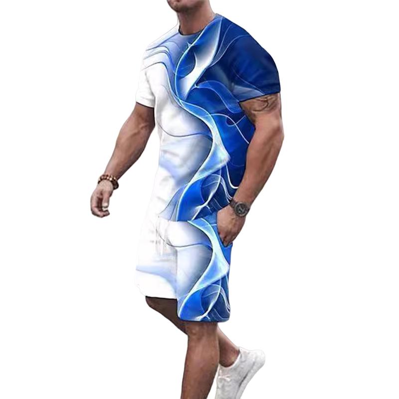 Asian Size Europe and the United States New 3D Digital Printed Men's Casual Fashion Sports Men Short Sleeve Up and Down Two Sets