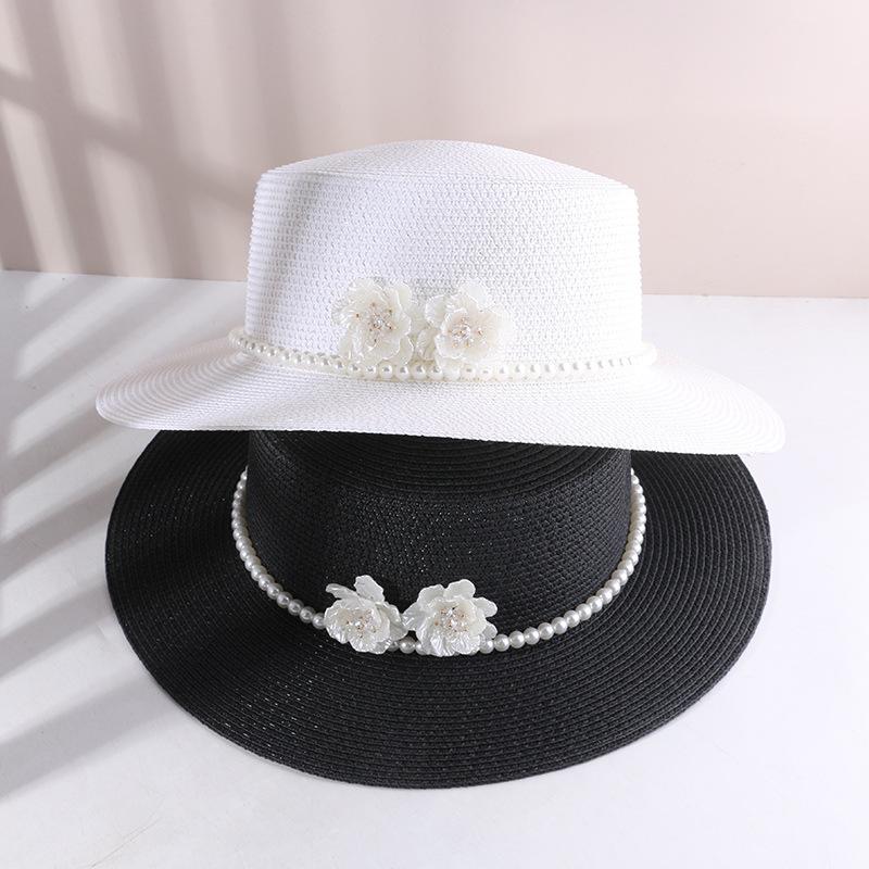 Summer Shade Face Shade Sun Hat Pearl Flower Hepburn Wind Beach Holiday Flat Top Straw Top Hat