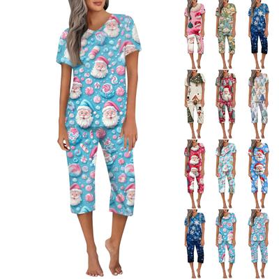 Женская повседневная спортивная пижама с коротким рукавом и укороченными брюками с рождественским принтом