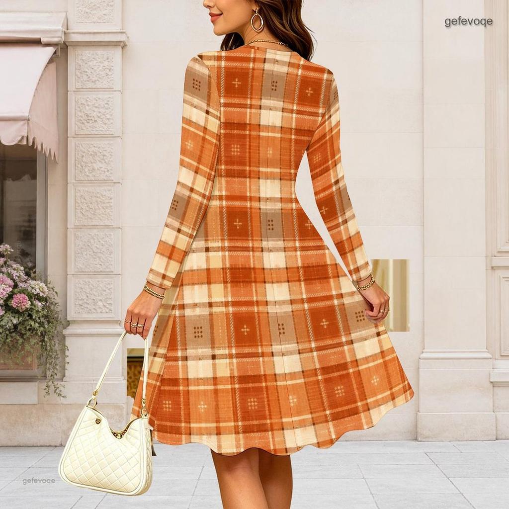 Women Plus Size Round Neck Long Sleeve Abstract Print A Line Flared Dress