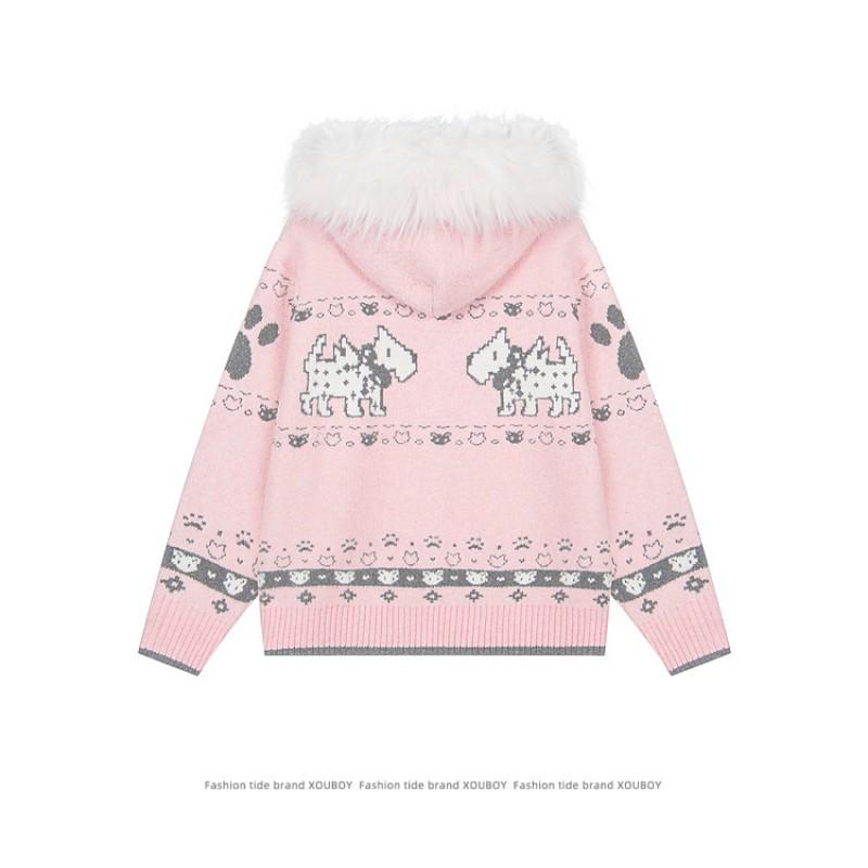 Unisex Vintage Fair Isle Knit Hooded Cardigan With Faux Fur Trim Warm Winter Sweater
