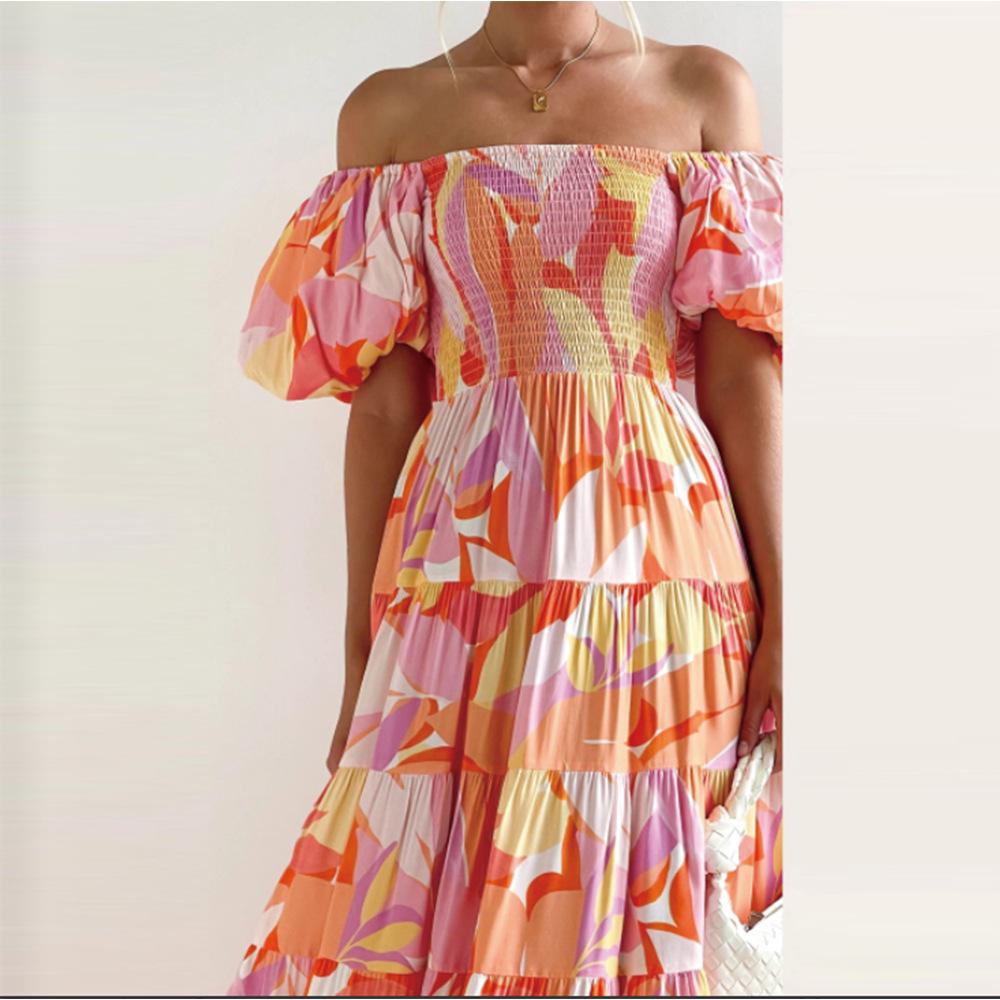 2025 новое женское платье свободного покроя с бохо принтом и одним словом на плече в праздничном стиле