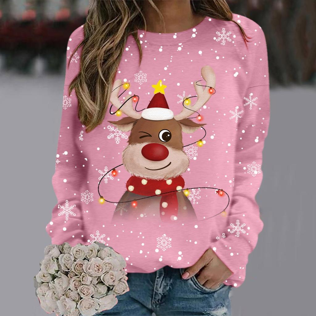Рождественский свитер для женщин и девочек с рисунком снежинок и оленей, длинный рукав, новогодняя толстовка с принтом