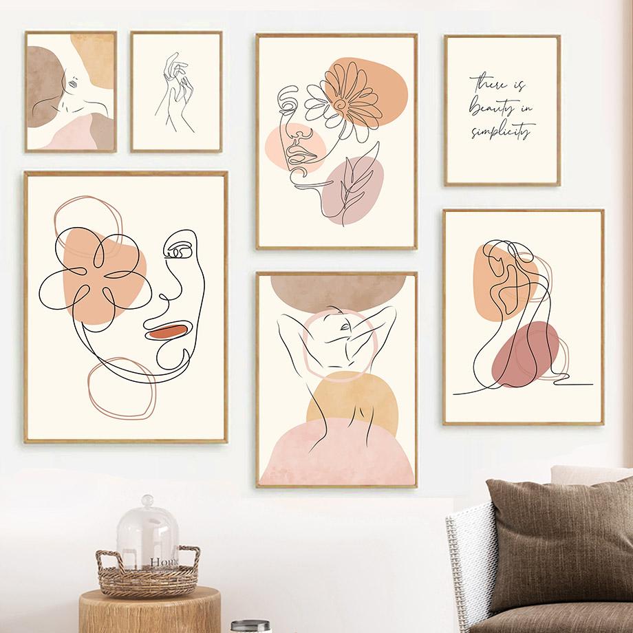 Настенное искусство, акварельная линия, цветочная девушка, тело, лицо, холст, картина, минимализм, домашний постер, украшение для гостиной, принты, фотографии