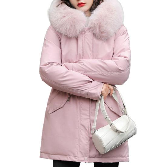 Women Coat Hooded Jacket with Faux Fur Collar Warm Fashionable Zipper Closure Coat