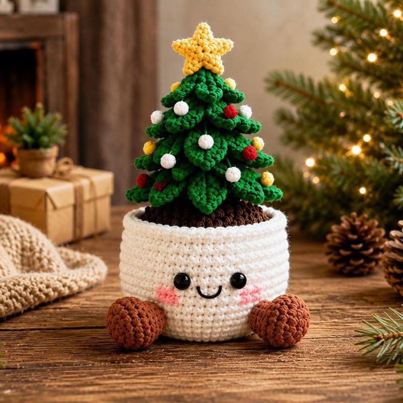 Handmade Crochet Christmas Decorative Plant Pot With Smiling Face - Festive Indoor Desk Ornament Holiday Home Office