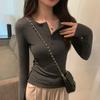 Half-open Neck Button Front Shoulder T-shirt Women's Bottoming Shirt Spring Slim-fit Spice Girl Style Versatile Long-sleeved Inner Top