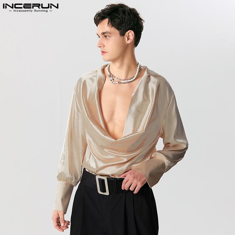 INCERUN Swinging Collar Men Hollow Out Long Sleeves Satin Tops