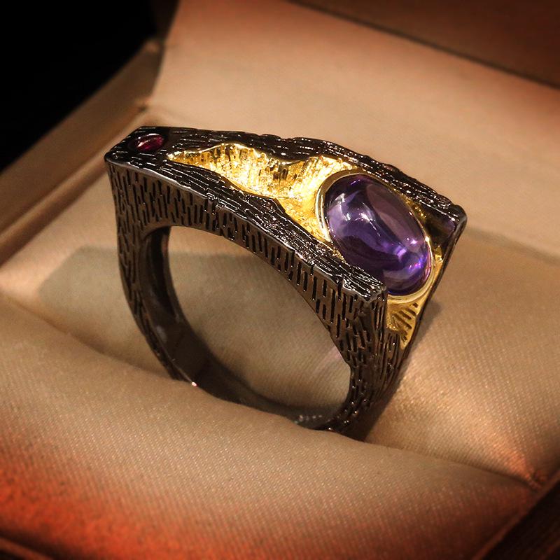 Винтажное кольцо в китайском стиле из серии «Лист лотоса» с натуральным аметистом, приносящее удачу, закрытого дизайна для женщин, обручальное кольцо для свадебной вечеринки