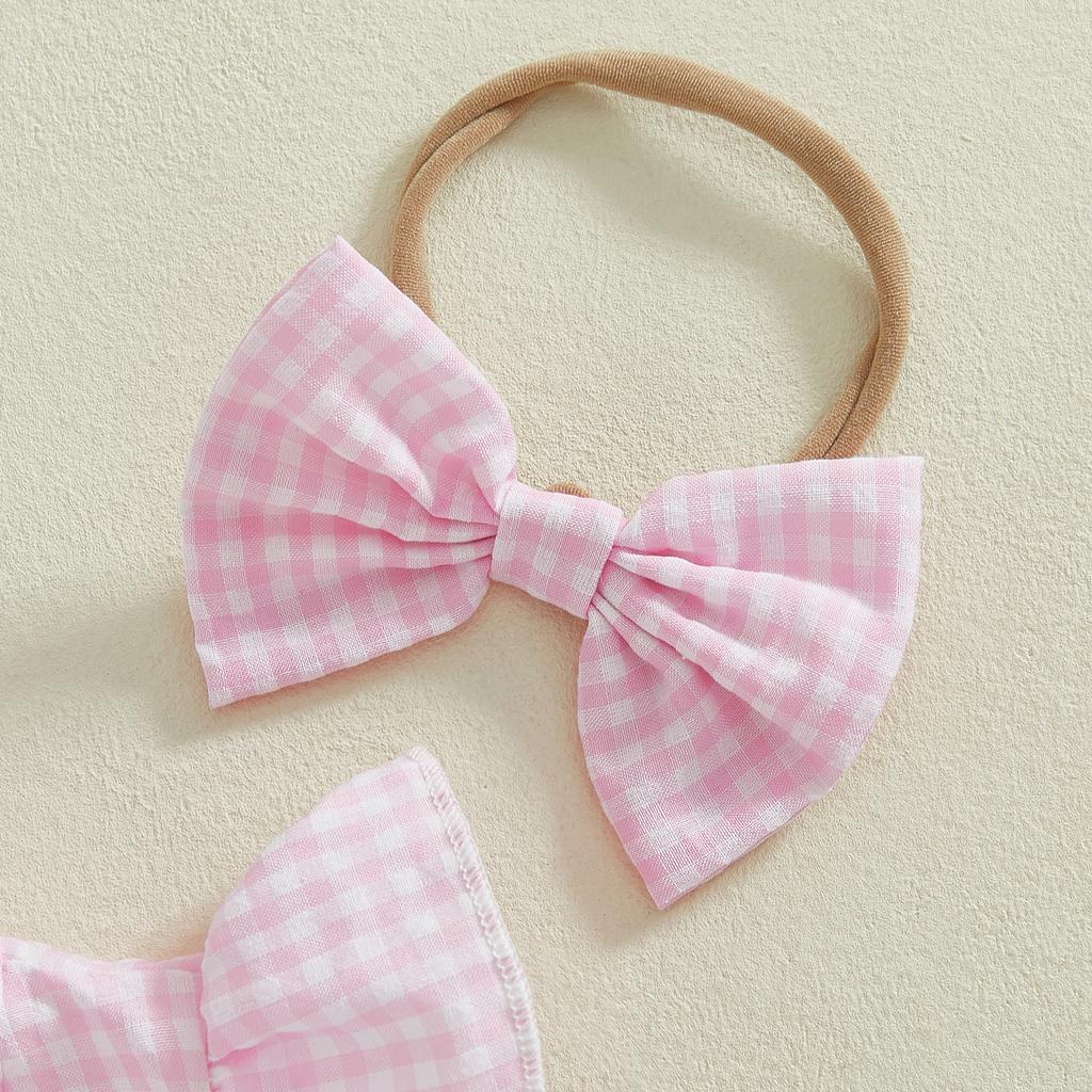 Baby Girls Easter Romper Dress Plaid Printed Flying Sleeve Round Neck Jumpsuit with Bow Headband