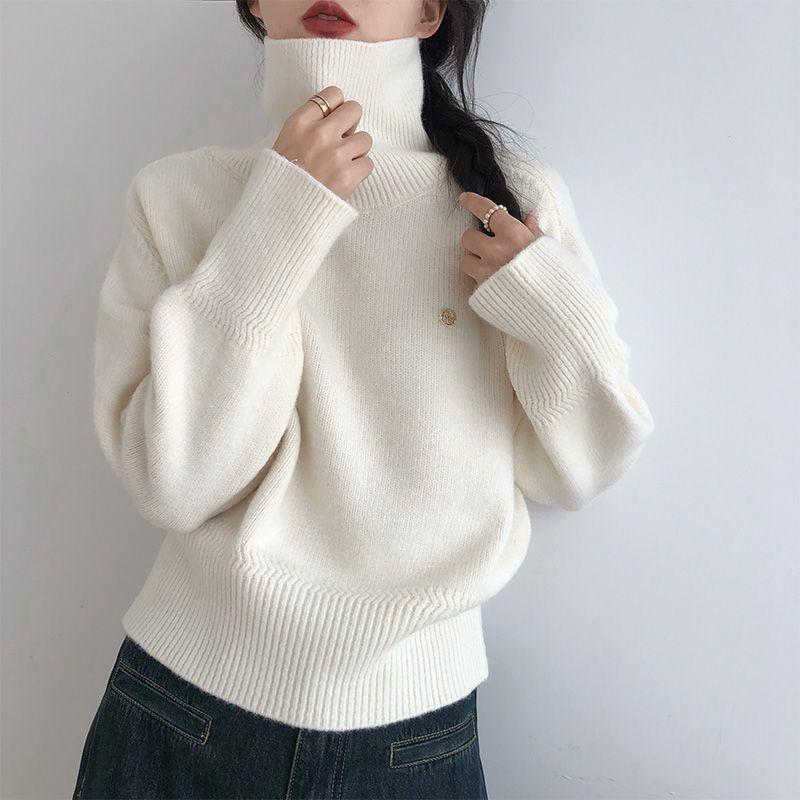 Autumn and Winter Korean Casual Solid Color High Collar Sweater Warm Knitted Sweater Top Women's Clothing