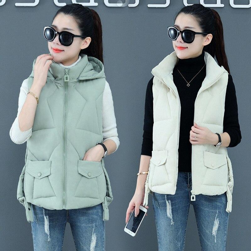 Осенне-зимний женский однотонный жилет с воротником-стойкой, короткий жилет с капюшоном, куртка с хлопковой подкладкой, женский ветрозащитный теплый жилет