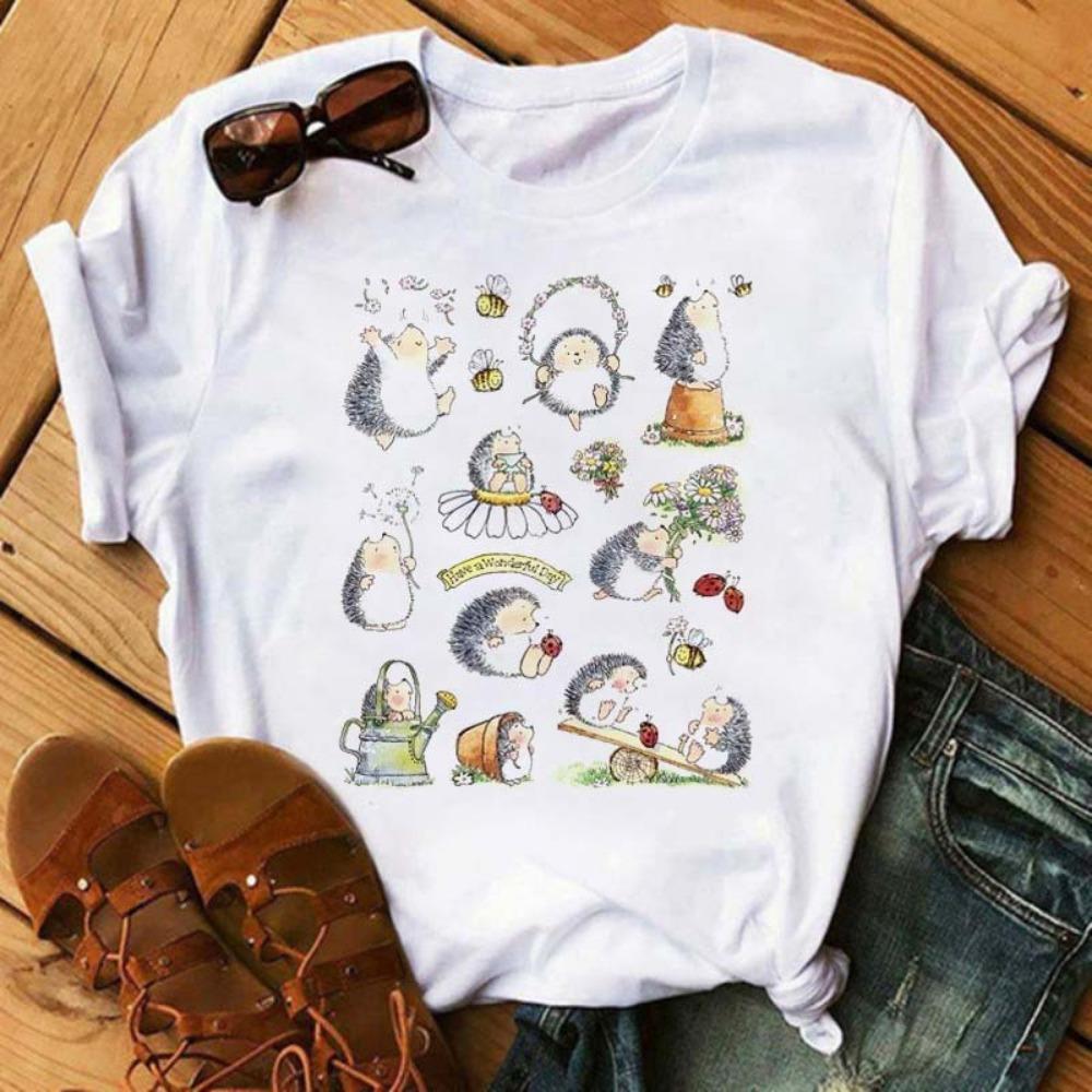 Женская модная футболка с коротким рукавом и принтом ежика, круглая шея, оверсайз, эстетичная одежда, топ