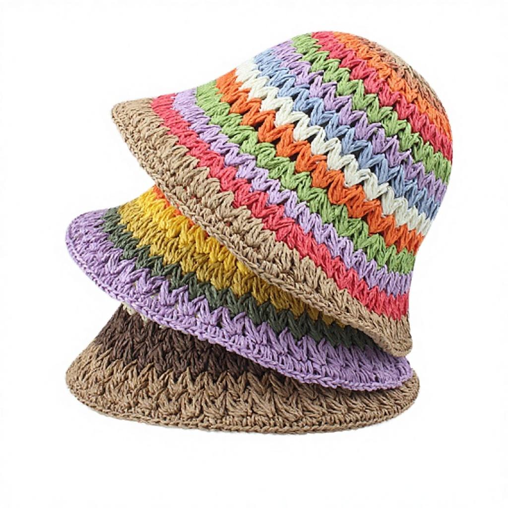Unisex Summer Paper Sun Bucket Hat Checked Rainbow Gradient Silk Screen Printed Beach Vacation Ribbon