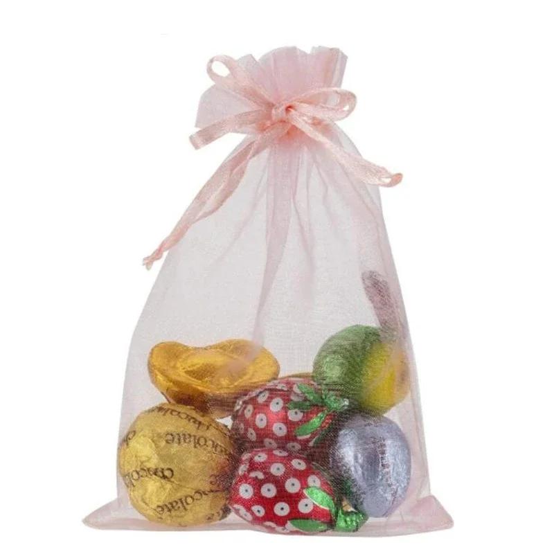 100 шт. Прозрачные мешочки из органзы, Однотонные мешочки для свадебных подарков с кулиской, Сетчатые подарочные мешочки для ювелирных изделий, Рождественские мешочки для конфет
