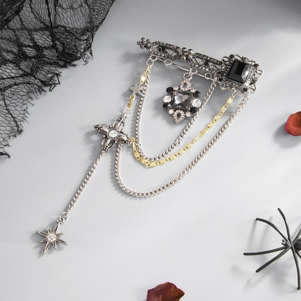 Multi Layer Cross Brooch Black Gem Rhinestone Brooch Exquisite Chain Tassel Brooch Gothic Party