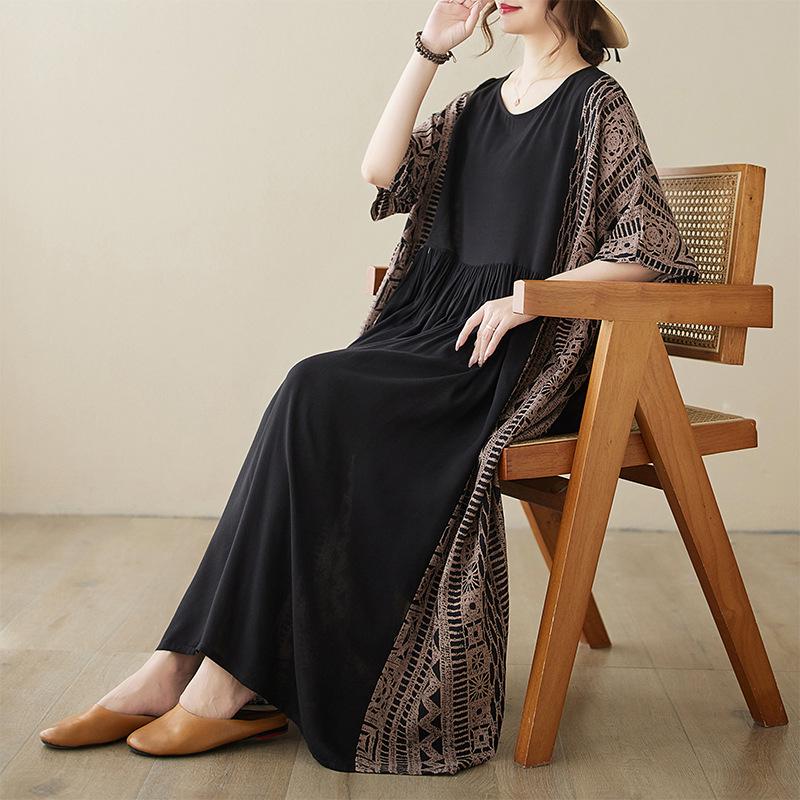 Летнее художественное ретро свободное утягивающее этническое платье с круглым вырезом и короткими рукавами контрастное платье для женщин повседневные платья