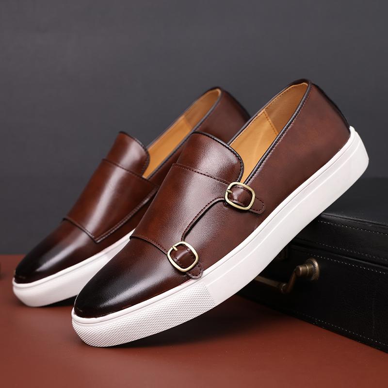 Новые черные мужские кроссовки Slip-On Solid Double Buckle Brown Platform Shoes Men's Vulcanize Shoes Size 38-46