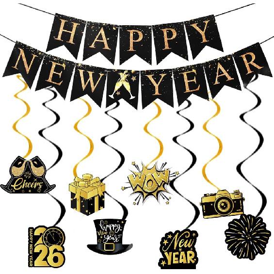Happy New Years Decorations 2026, New Year Eve Party Supplies Banner with 8 Pcs Hanging Swirls for NYE Eve Party Supplies Black Gold
