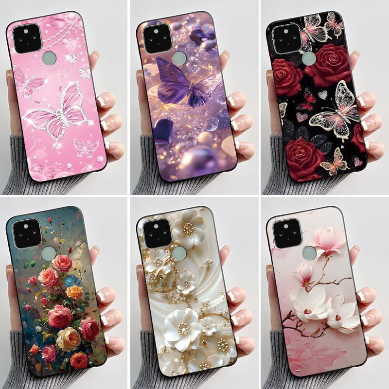 Силиконовый чехол для Google Pixel 5 Pixel 5A Pixel5 Pixel5A Мягкий чехол Роскошная мода Бабочки Цветы Нарисованный Черный чехол для телефона