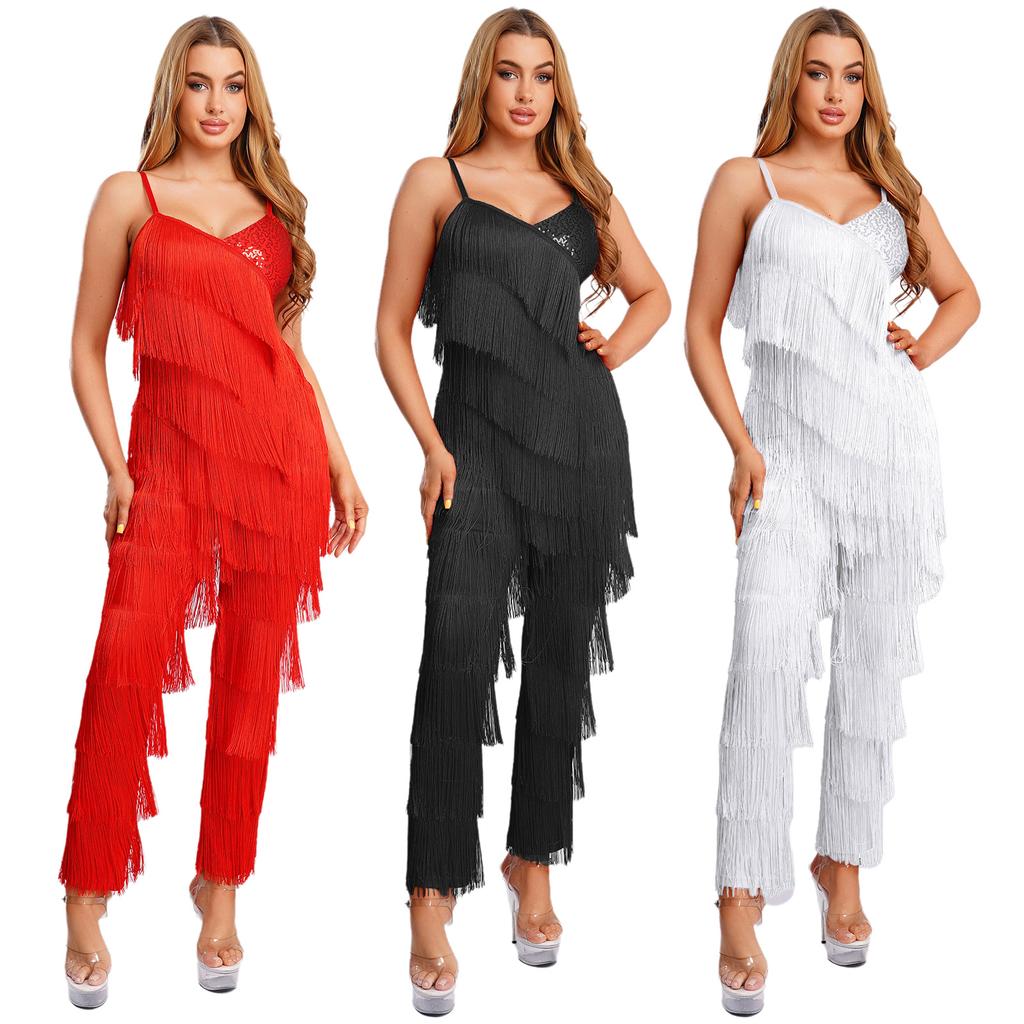 S-XXL Ladies Tango Cha-Cha Dance Jumpsuit Sequin Tassel Fringe Cami Romper Long Pants Bodysuit for Latin Salsa Ballroom Stage