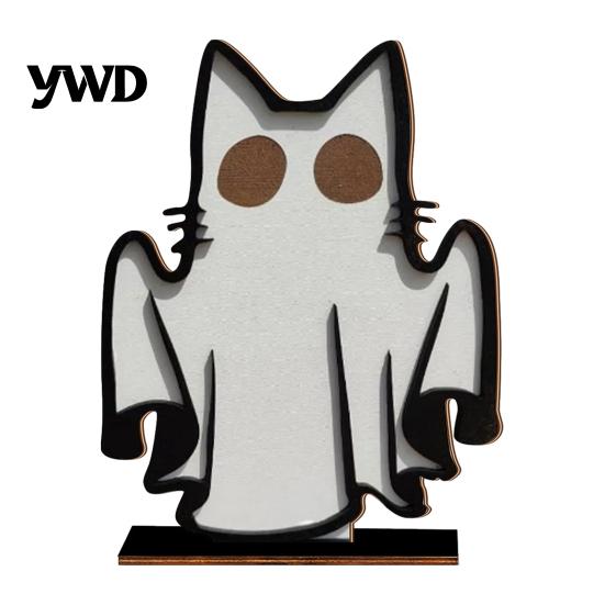 Holiday Photography Props Ghost Cat Ornament, Halloween Wooden Decoration, Spooky Cute Fall Seasonal Table Centerpieces Centerpiece for Home