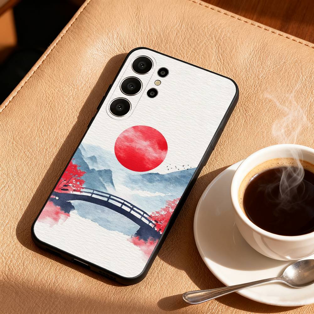 Японские элементы пейзажного искусства Чехол для телефона Для Samsung S26,S25,24,23,22,30,21,10,9,Ultra,Plus,Lite,Черный Мягкий чехол
