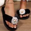 Fashion Fashion Floral Detor Cotton Flip Flops Women Open Toe Non Slip Fur Slides Woman Black White Faux Fur Cotton Slippers Female
