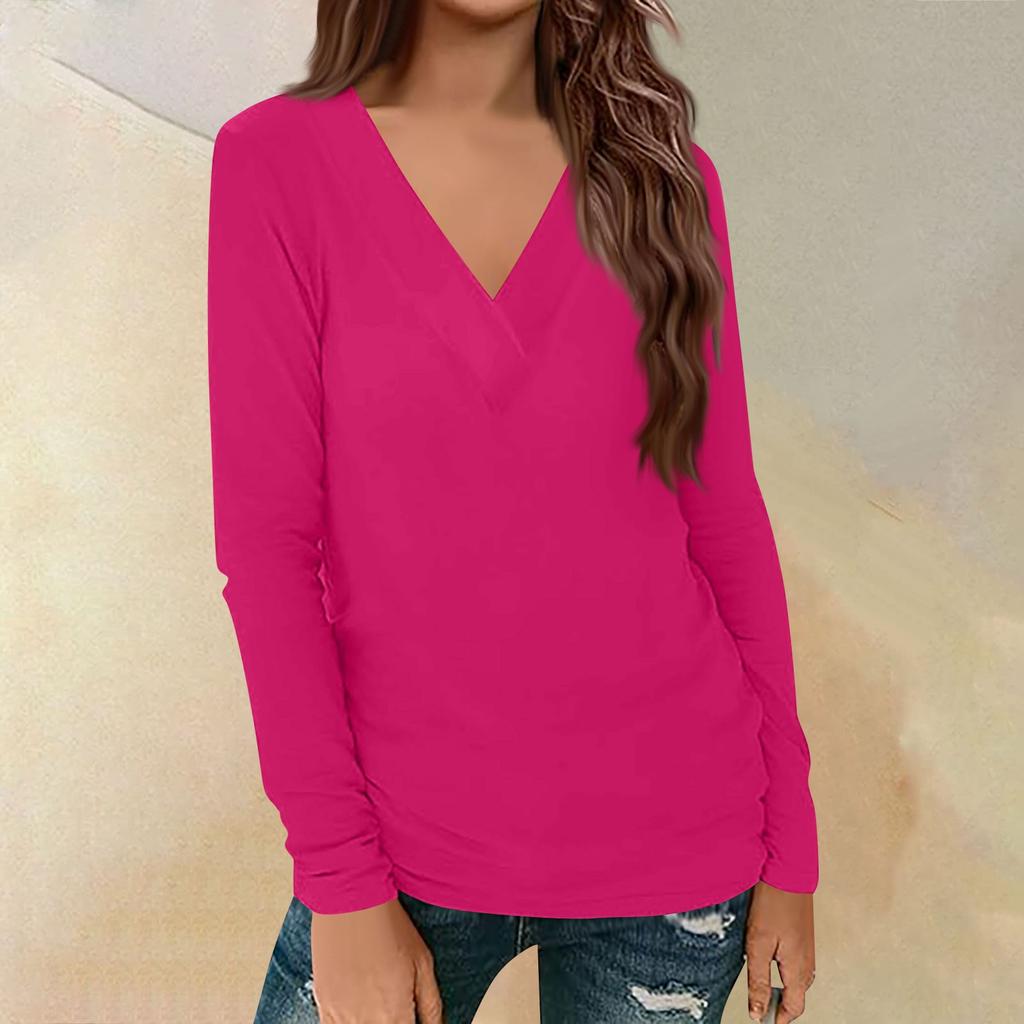 Женский повседневный однотонный принтованный длинный рукав свободный пуловер с V-образным вырезом