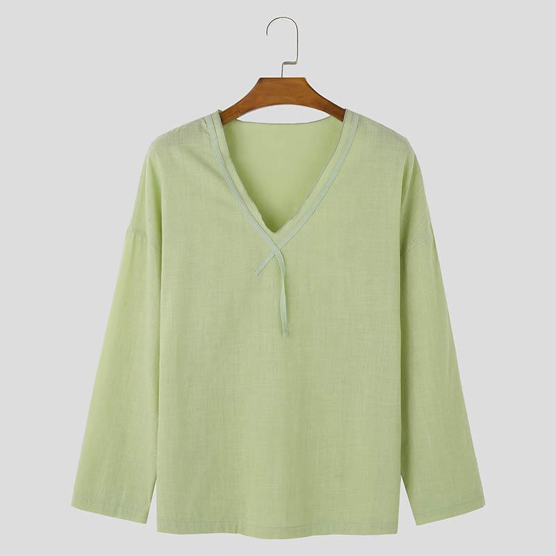 INCERUN Men Spring V Neck Long Sleeve Shirts Casual Loose Tops