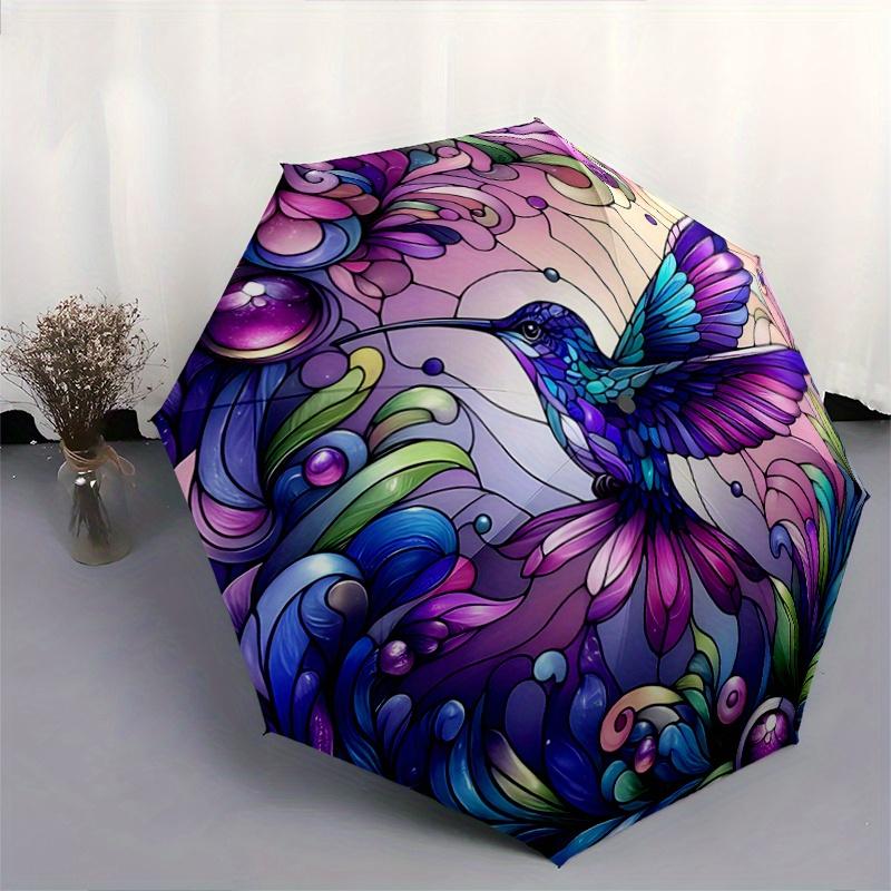 1pc Stunning Stained Glass Hummingbird Design Pattern Automatic Umbrella is Fashionable and Good-Looking, Suitable for Travel and Daily Use.R074
