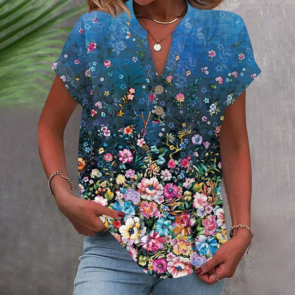 Женская модная повседневная рубашка с v-образным вырезом и коротким рукавом с принтом, футболка на пуговицах, топ