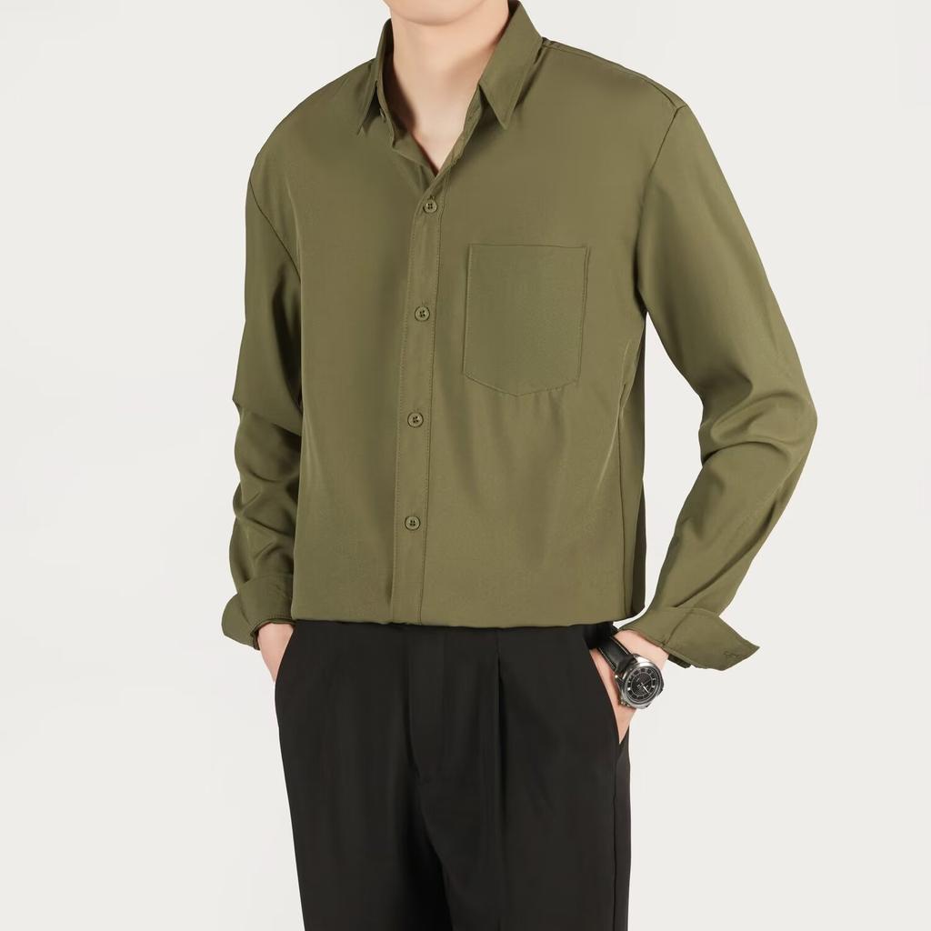 High End Casual Solid Color Long Sleeved Shirt No Ironing Loose Hanging Feeling Shirt Men's Handsome Top