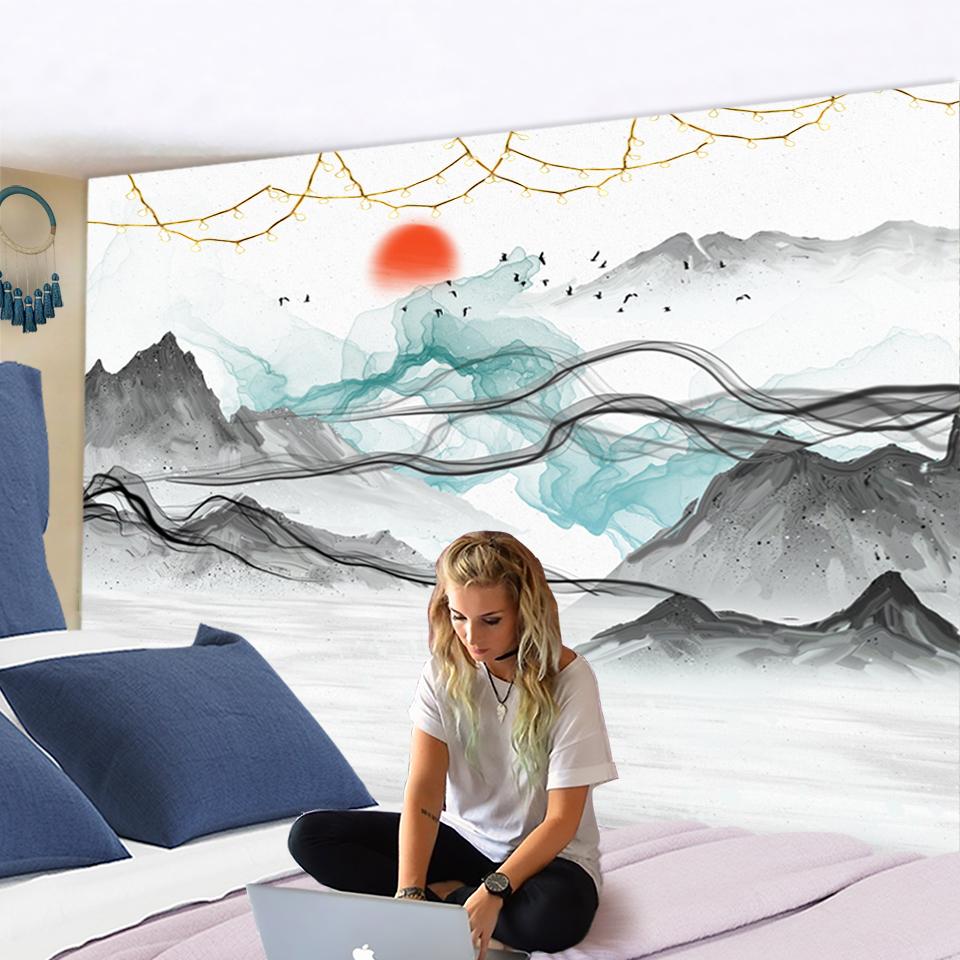 Японский китайский солнечный пейзаж, картина, гобелен, фарфоровые чернила, горное дерево, садовая кисть, настенные ковры, гобелен с красным солнцем, домашний декор