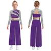 Girls Dance Two Piece Set Mock Neck Long Sleeved Sequins Cutout Back Crop Top with Chiffon Pants