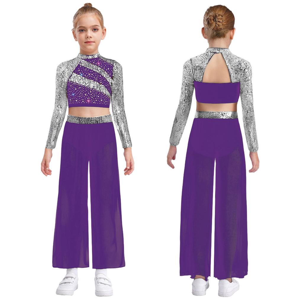 Girls Dance Two Piece Set Mock Neck Long Sleeved Sequins Cutout Back Crop Top with Chiffon Pants