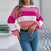 Women's Fashion Casual Loose Colorblock Striped Round Neck Sweater Long Sleeve Pullover Top