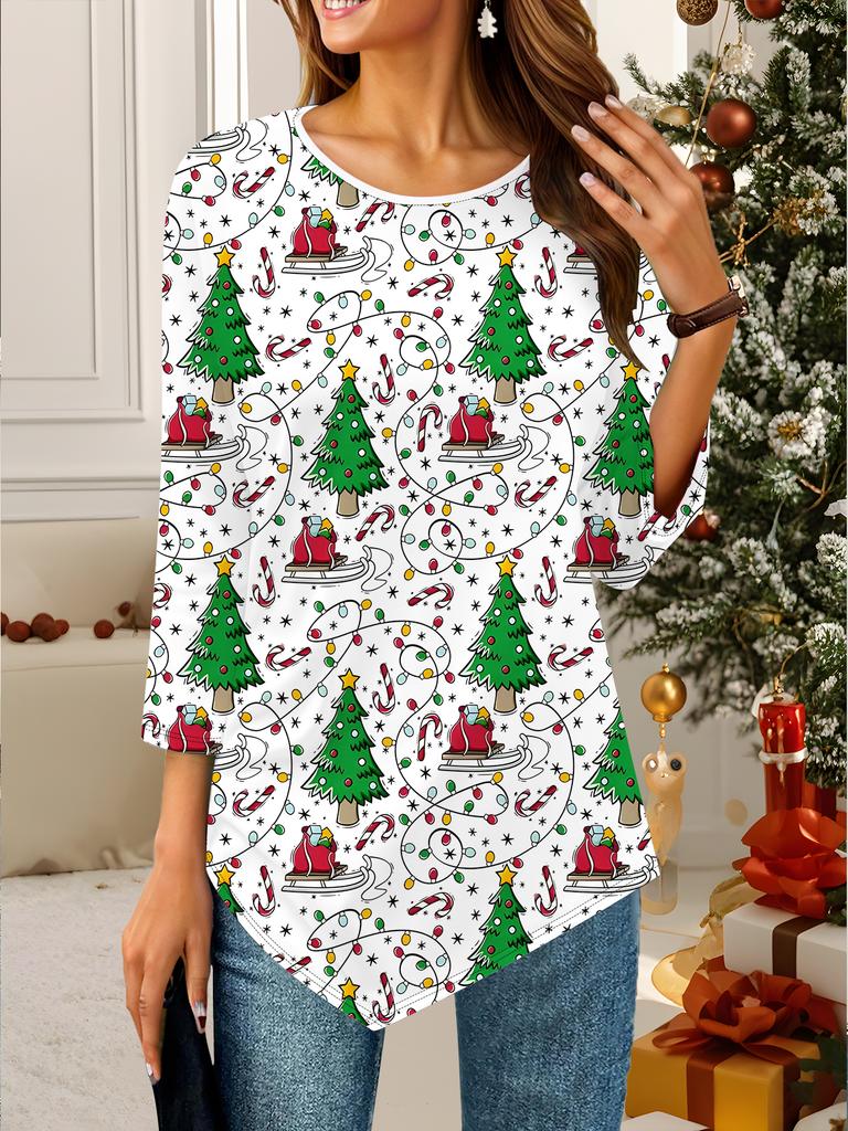 Женская свободная футболка с круглым вырезом и рукавом три четверти с 3D рождественским узором. Идеальный подарок на Хэллоуин и Рождество.