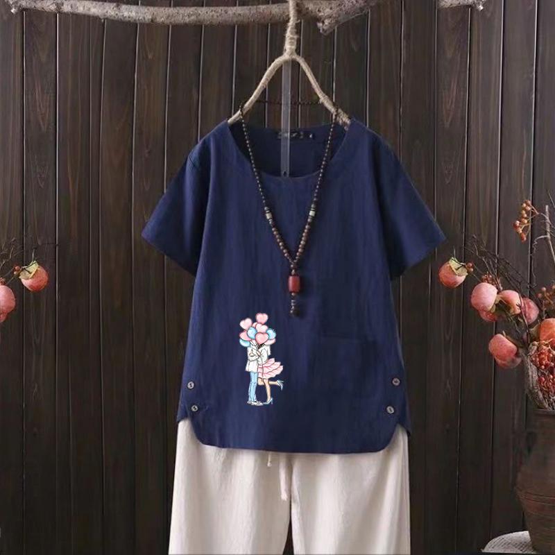 Летняя женская футболка Nordic Balloon Series с V-образным вырезом из хлопка и конопли 2025 года — стильно и непринужденно