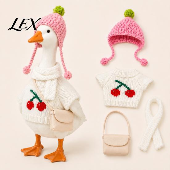 Holiday Gift for Colleagues 7 Inch Desk Goose Outfits, 4 Pcs Knitted Sweater Hat Scarf Polyester Outfit Crossbody Bag Winter Accessory Office, Shelf,