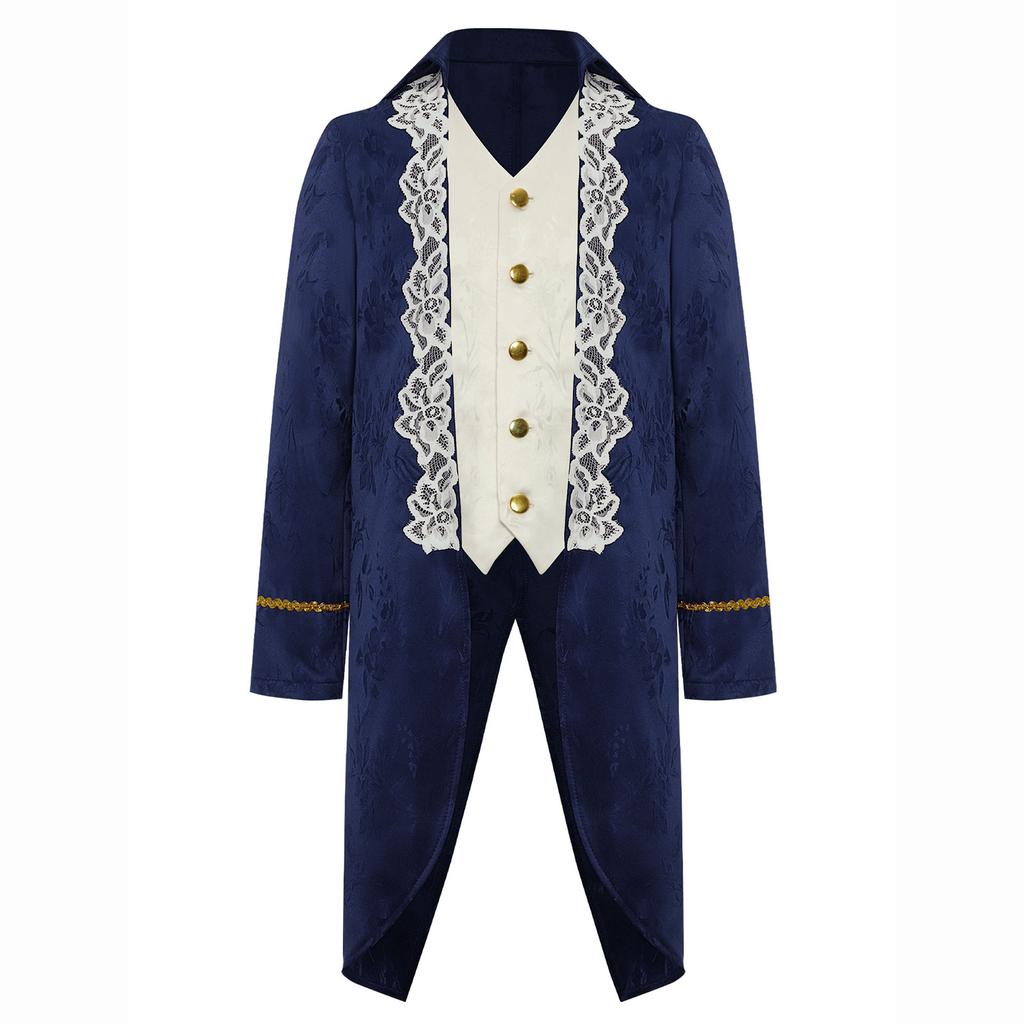 Boys Medieval Renaissance Victorian Jacket Turn Down Collar Long Sleeves Fake Two in One Lace Embroidery Tailcoat