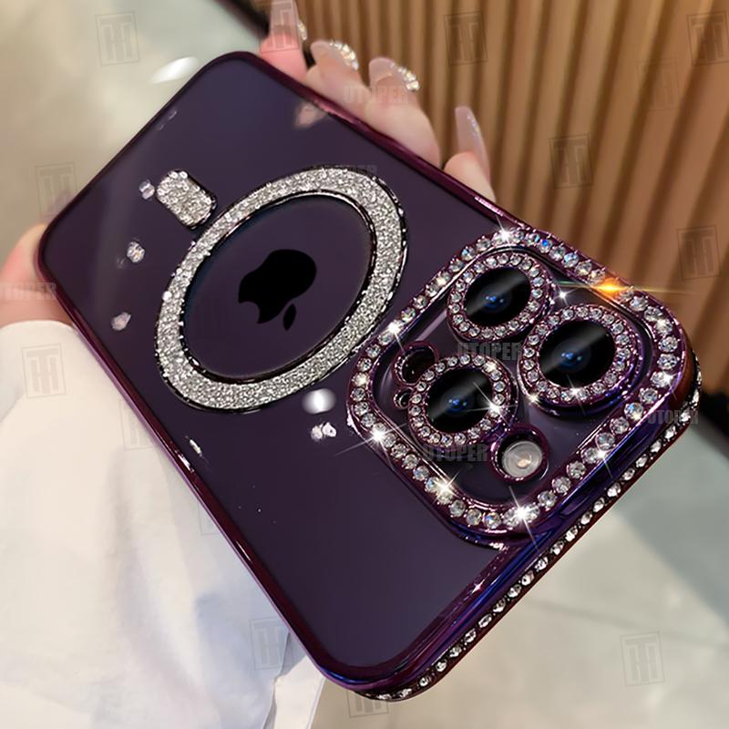 Высококачественный блестящий чехол для телефона со стразами для iPhone 15 11 12 13 14 Pro Max Plus Magsafe Magnetic Clear Lens Protective Cover для девочек