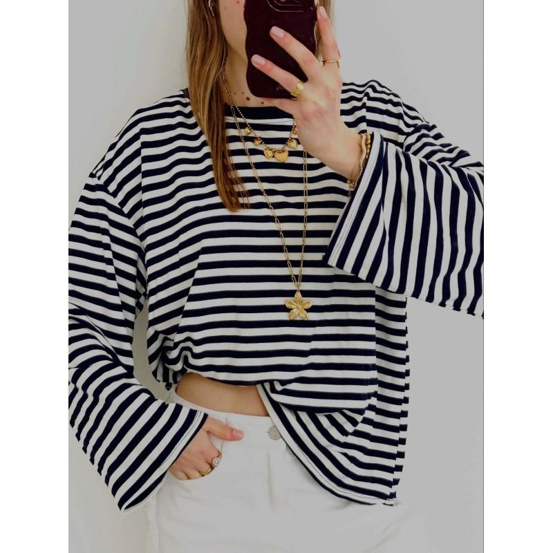 Womens Striped Color Block Crew Neck Long Sleeve T-Shirt Y2K Loose Casual Streetwear