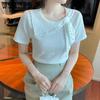 Брендовая летняя женская шифоновая французская футболка с дизайнерским акцентом, расшитая бисером, на шнуровке, с короткими рукавами, тонкие и тонкие топы