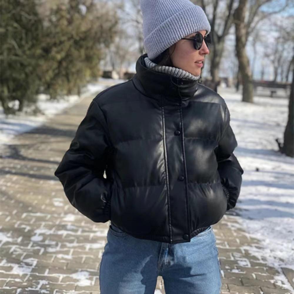 Зимние теплые толстые пальто из искусственной кожи, короткие парки, модная черная хлопковая стеганая верхняя одежда в стиле панк, женская куртка с воротником-стойкой, элегантная одежда на молнии 2023