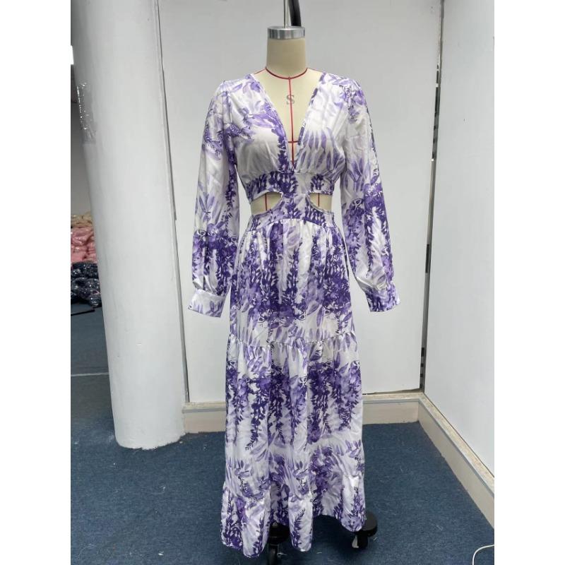 Модное женское весеннее длинное платье с принтом, V-образным вырезом и длинными рукавами в стиле темперамент