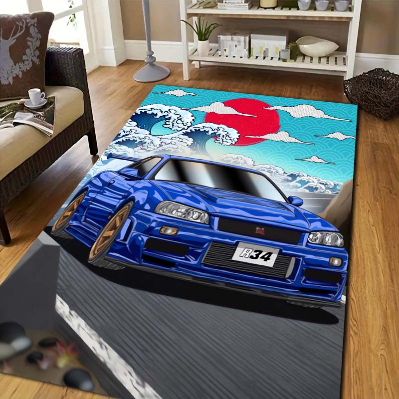 G GTR J JDM Racing Car Print Flannel Area Rug Non Slip Soft Floor Mat For Sofa Bedroom Indoor Home Decor Entrance Carpet Gift