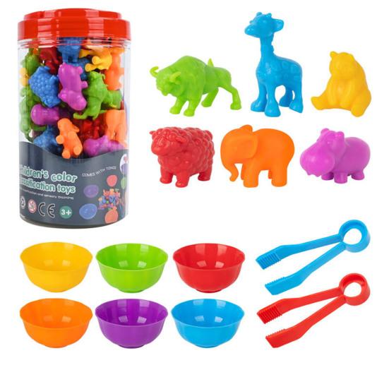 1 набор игрушек для подсчета животных с мисками, пинцетом, мультяшным динозавром, игрой на подсчет и сортировку цветов для малышей, мальчиков и девочек, обучающей игрой для дошкольников