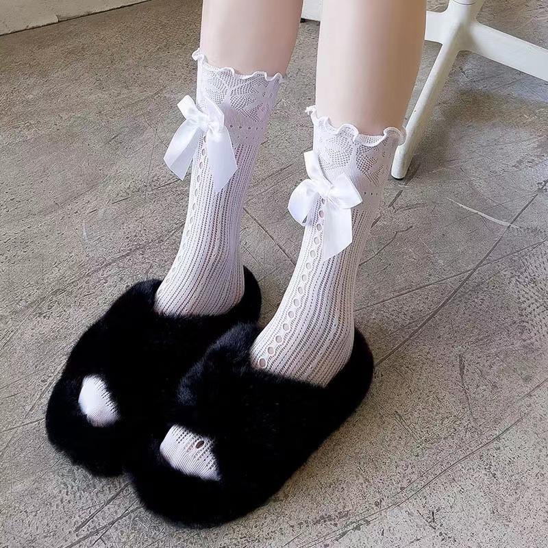 1Pair Beige Lace Bow JK Socks White Mesh Fairy Socks Lolita Japanese French Summer Thin Style with Small Leather Shoes Lace Sock